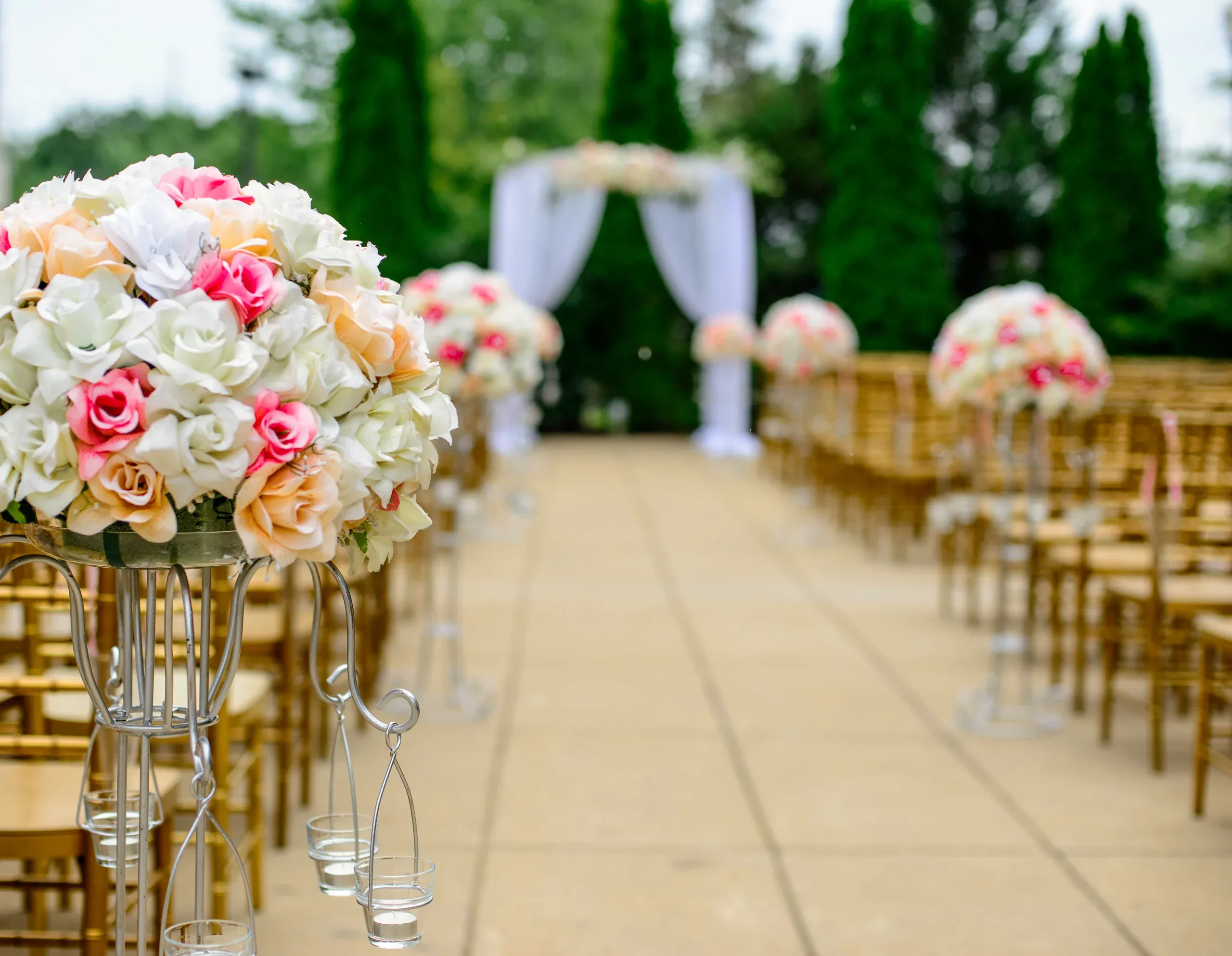 An outdoor ceremony aisle lined with timber chairs and rose arrangements, leading to a draped arbour