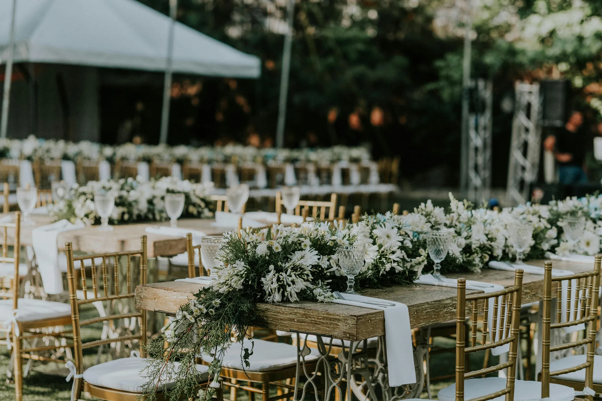 Rustic timber tables dressed with white flowers and greenery on the lawn, with gold chairs and glassware in soft late light
